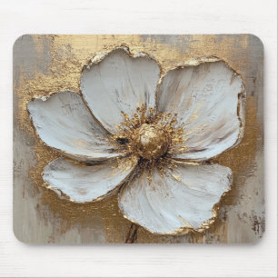 Oil Painting White Gold Flower  Mouse Mat