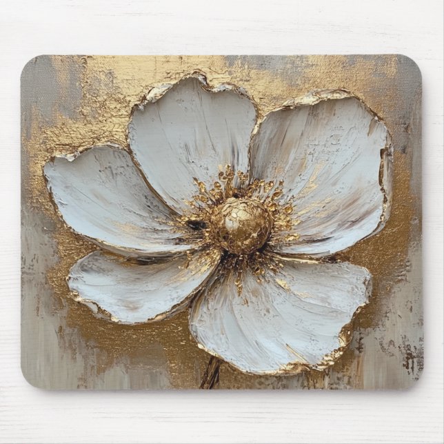 Oil Painting White Gold Flower  Mouse Mat (Front)