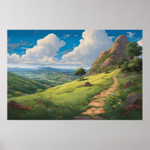 Oil painting winding path hilltop meadow poster
