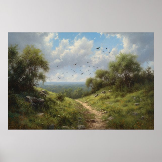 Oil painting winding path through hilltop meadow poster (Front)