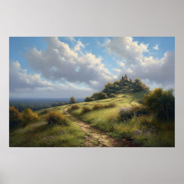 Oil painting winding path to hilltop cottage poster (Front)