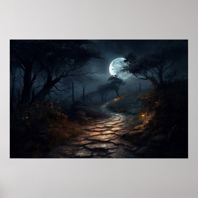 Oil painting winding stone path in moonlight poster (Front)