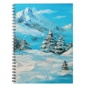 oil painting, winter mountain landscape with spru notebook