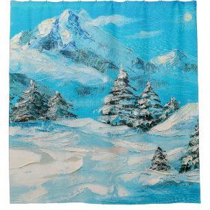  oil painting, winter mountain landscape with spru shower curtain
