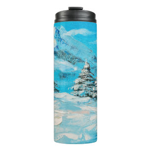 oil painting, winter mountain landscape with spru thermal tumbler
