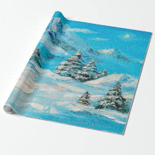 oil painting, winter mountain landscape with spru wrapping paper