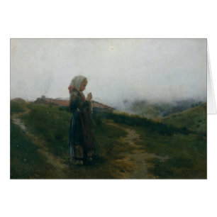 Oil Painting Young Girl Knitting Scenic Landscape