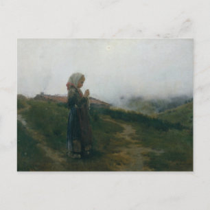 Oil Painting Young Girl Knitting Scenic Landscape Postcard