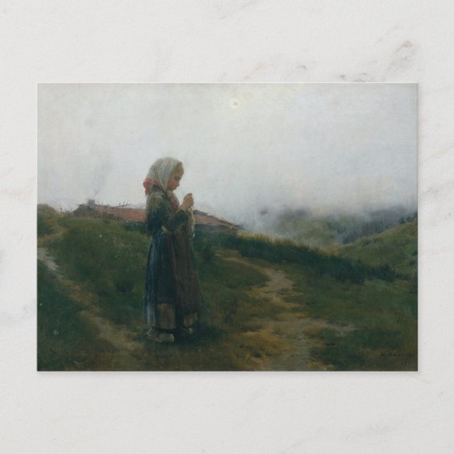 Oil Painting Young Girl Knitting Scenic Landscape Postcard (Front)