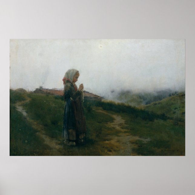 Oil Painting Young Girl Knitting Scenic Landscape Poster (Front)