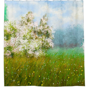 Oil paintings rural landscape, flowers in the fiel shower curtain