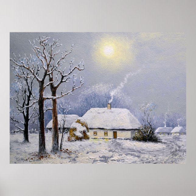 Oil paintings rural landscape. Winter. Old village Poster (Front)