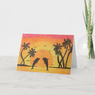 Oil pastel drawing of a sunset and dolphins card
