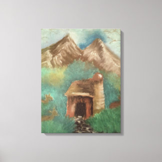 Oil pastel of tiny old barn with female elk laying canvas print