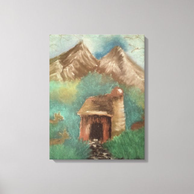Oil pastel of tiny old barn with female elk laying canvas print (Front)