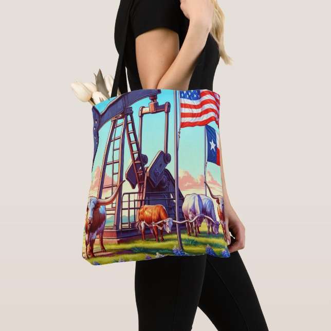 Oil Pump and Longhorn Cattle In Texas Tote Bag (Close Up)