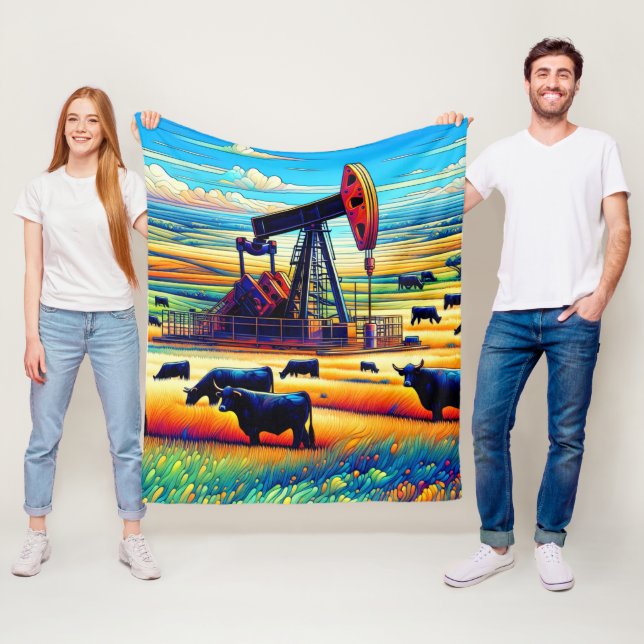 Oil Pump Jack Colourful Background Cows In Field Fleece Blanket (In Situ)
