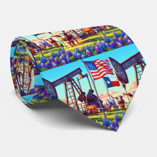 Oil Pump Jack Texas American Flag Longhorn Steer  Tie