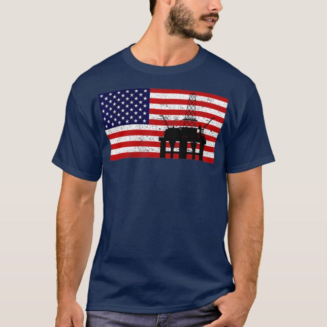 Oil Rig Pump Energy Industrial Machine USA Flag T-Shirt (Front)