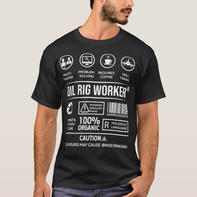 Oil Rig Worker Package Label Barcode Funny T-Shirt (Front)