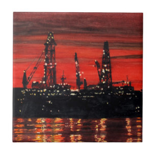 Oil Rigs at Night Tile