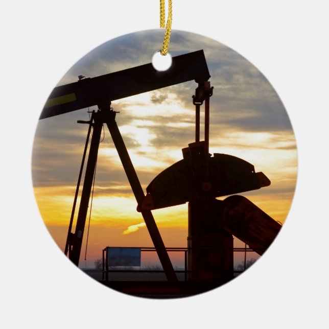 Oil Well Pump Jack Sunrise Ceramic Tree Decoration (Front)
