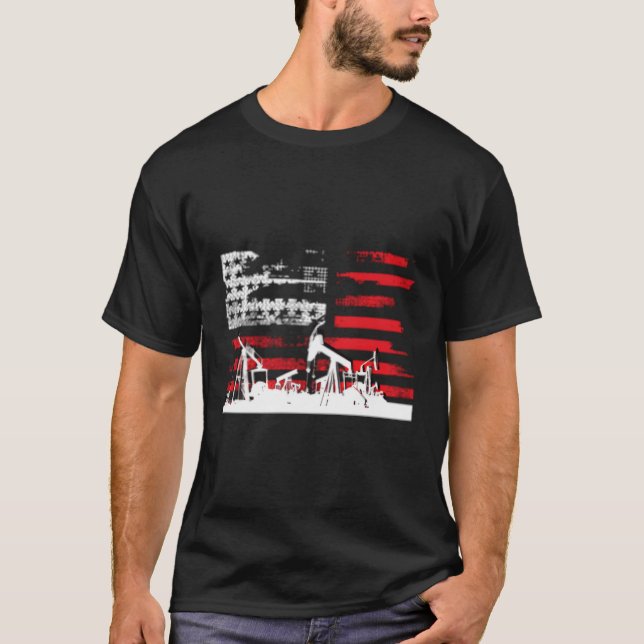 Oilfield Patriotic Flag With Oil Pumg Rig T-Shirt (Front)