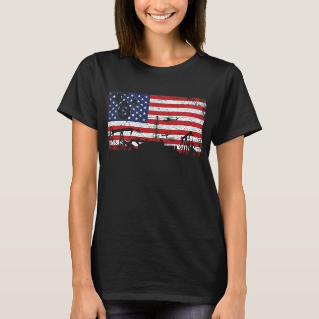 Oilfield Patriotic Flag With Oil Pumping Rig T-Shirt (Front)