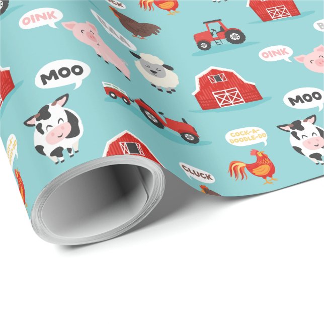 Oink Baa Moo Cock-a-doodle-do Farm Birthday Party Wrapping Paper (Roll Corner)