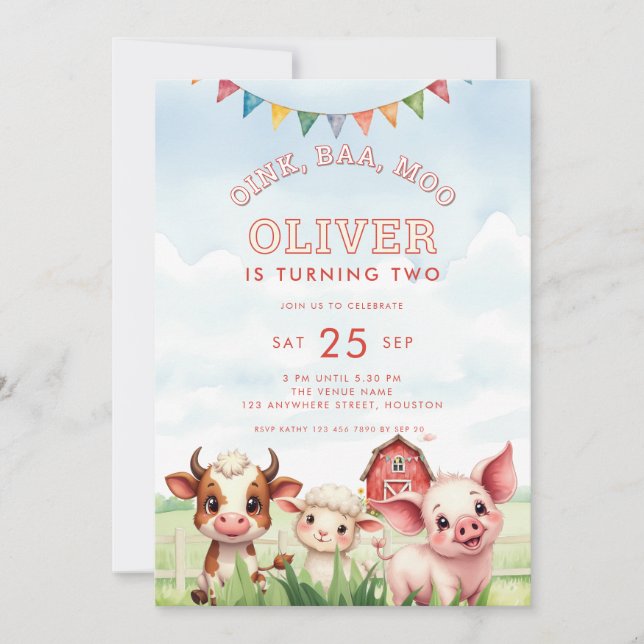 Oink Baa Moo Cute Farm Animals 2nd Birthday  Invitation (Front)