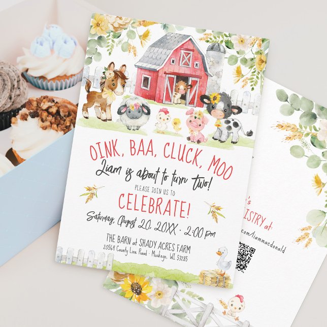 Oink Baa Moo Farm Barnyard Floral Boy 2nd Birthday Invitation (Cute Watercolor Red Barn Farm Barnyard animals Sunflower floral oink baa moo 2nd boy birthday invite)
