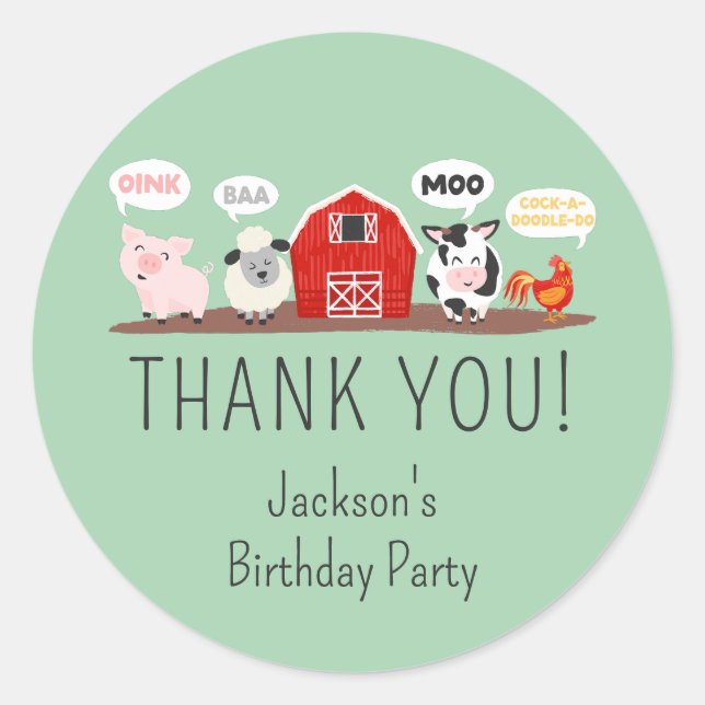 Oink Baa Moo Thank you Farm Animal Party Classic Round Sticker (Front)