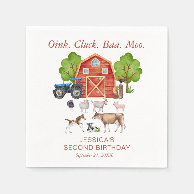 Oink Baa Quack Moo Cute Farm Animals Birthday Napkin (Front)
