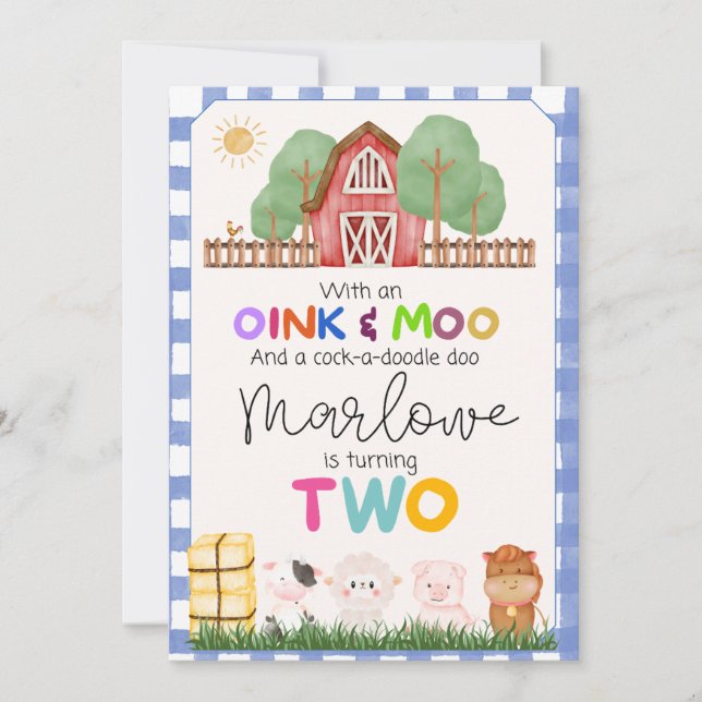 Oink & Moo Cute Farm second Birthday Invitation  (Front)