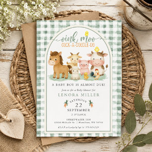 Oink Moo Green Gingham Farm Animal Baby Shower Invitation