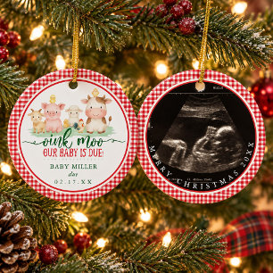 Oink Moo Our Baby is Due Farm Animal Christmas Ceramic Tree Decoration
