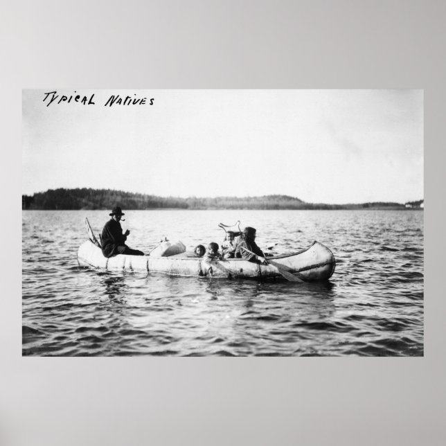 Ojibwa Indians crossing lake in Canoe Photograph Poster (Front)