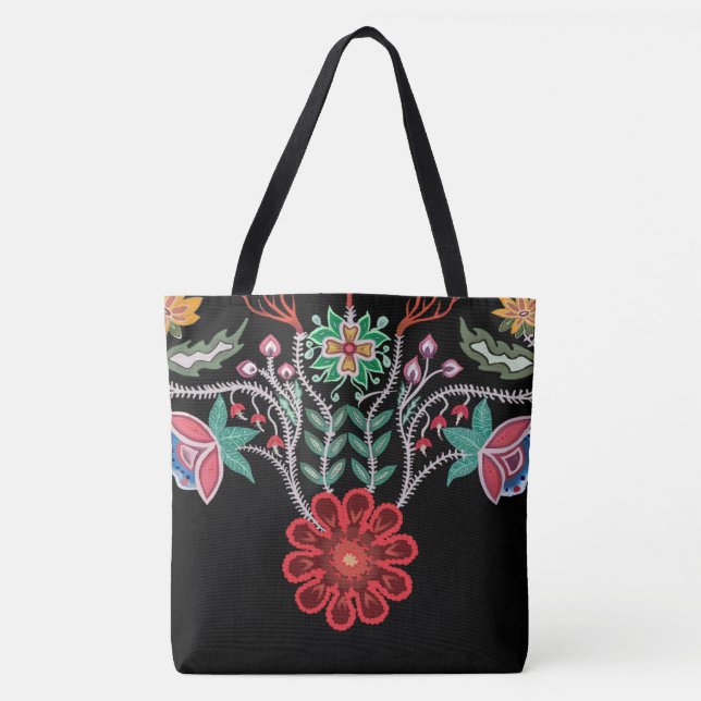 Ojibwe Firekeepers Floral Motif  Black Tote Bag (Front)