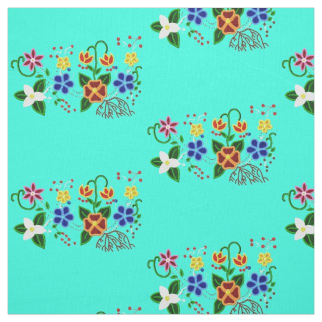 Ojibwe Floral Design with Turquoise Background  Fabric (Swatch)
