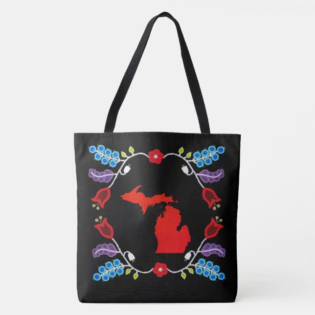 Ojibwe Floral Motif Michigan Black Tote Bag (Front)