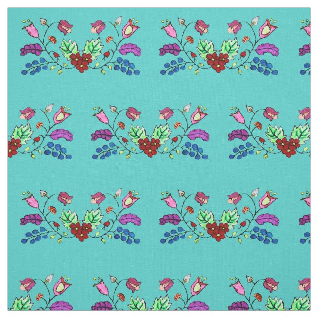 Ojibwe Turquoise Flower Pattern Fabric (Swatch)