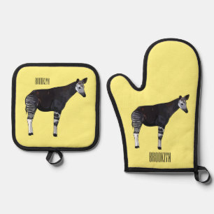 Okapi cartoon illustration oven mitt & pot holder set