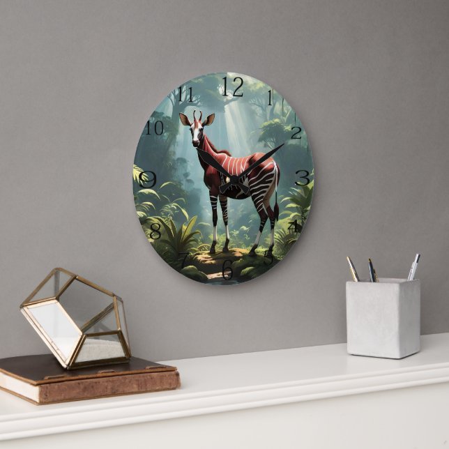 Okapi In The Rainforest, (Zebra Giraffe) Large Clock (Office)