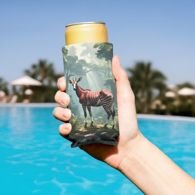 Okapi In The Rainforest, (Zebra Giraffe) Seltzer Can Cooler (In Situ Pool)
