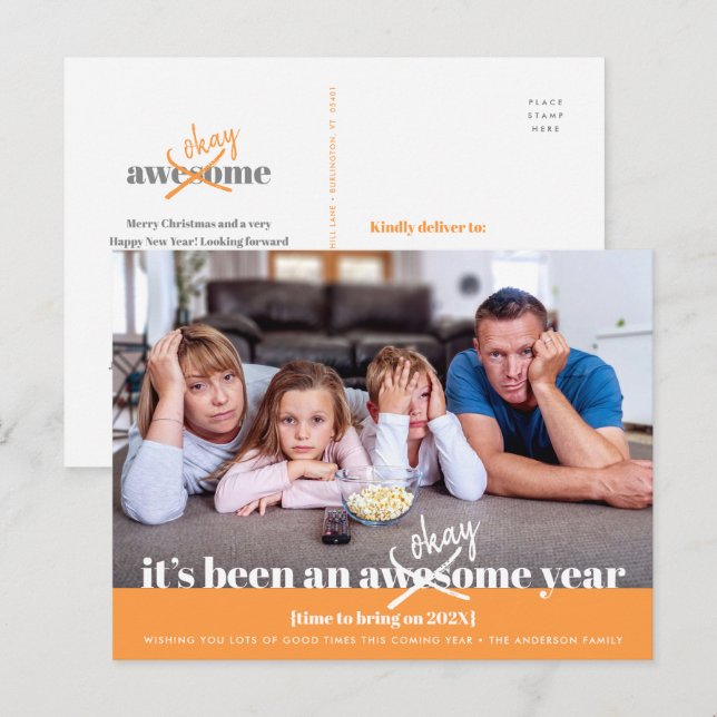 Okay New Year Bold Modern Funny Photo Orange Holiday Postcard (Front/Back)