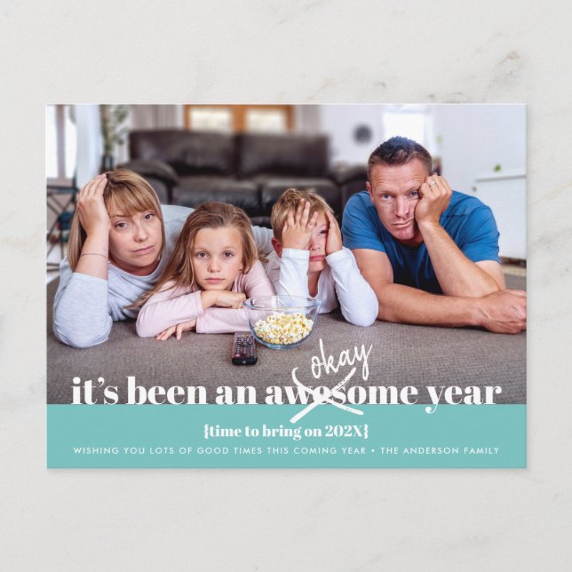 Okay New Year Bold Modern Funny Photo Turquoise Holiday Postcard (Front)