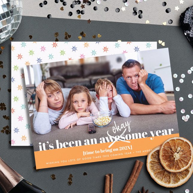 Okay New Year Modern Bold Funny Photo Orange Holiday Card (Creator Uploaded)