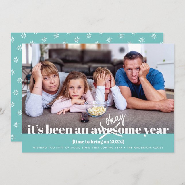 Okay New Year Modern Bold Funny Photo Turquoise Holiday Card (Front/Back)