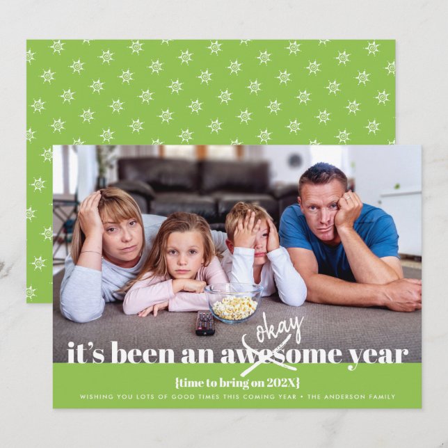 Okay New Year Modern Bold Simple Funny Photo Green Holiday Card (Front/Back)