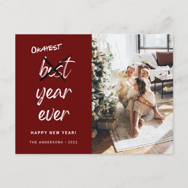 Okayest Year Ever Photo Family New Year Maroon Postcard (Front)
